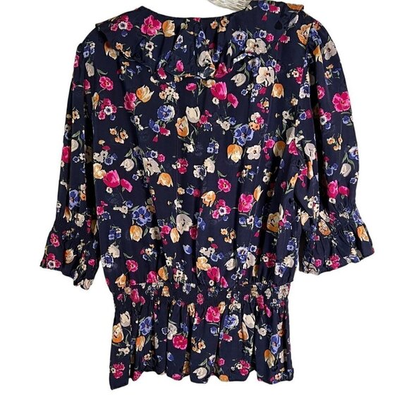 Lauren Ralph Lauren Navy Floral Women's Size Large V-Neck Ruffle Top - Picture 7 of 11